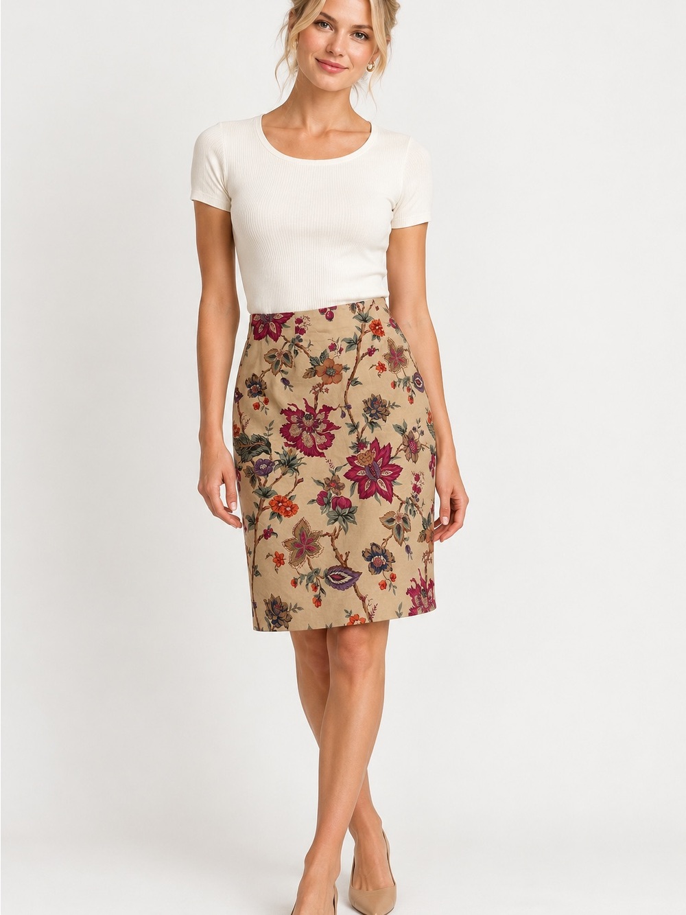 Vintage Inspired Talbots Beige Floral Pencil Skirt Knee Length Cotton Size 10